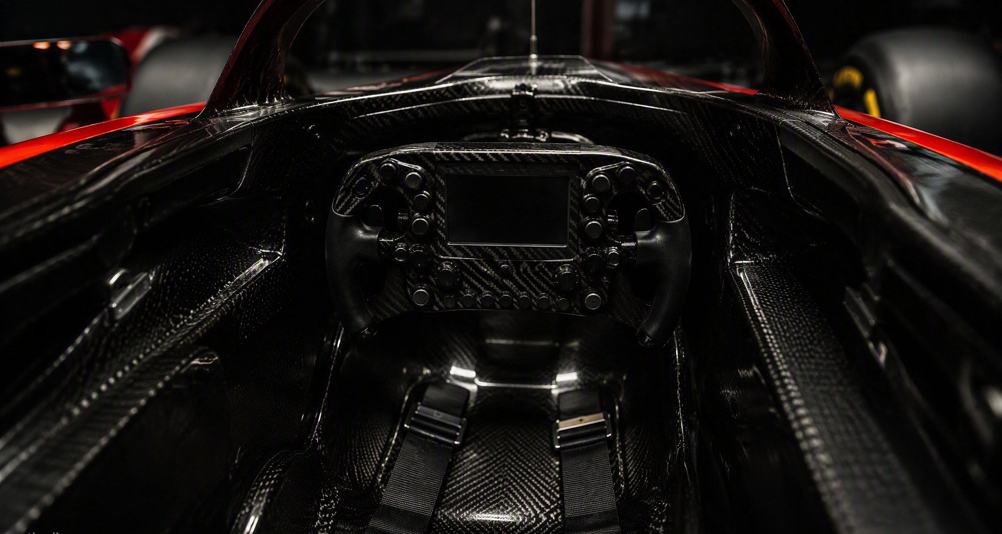 Close view of the Volo cockpit and steering wheel