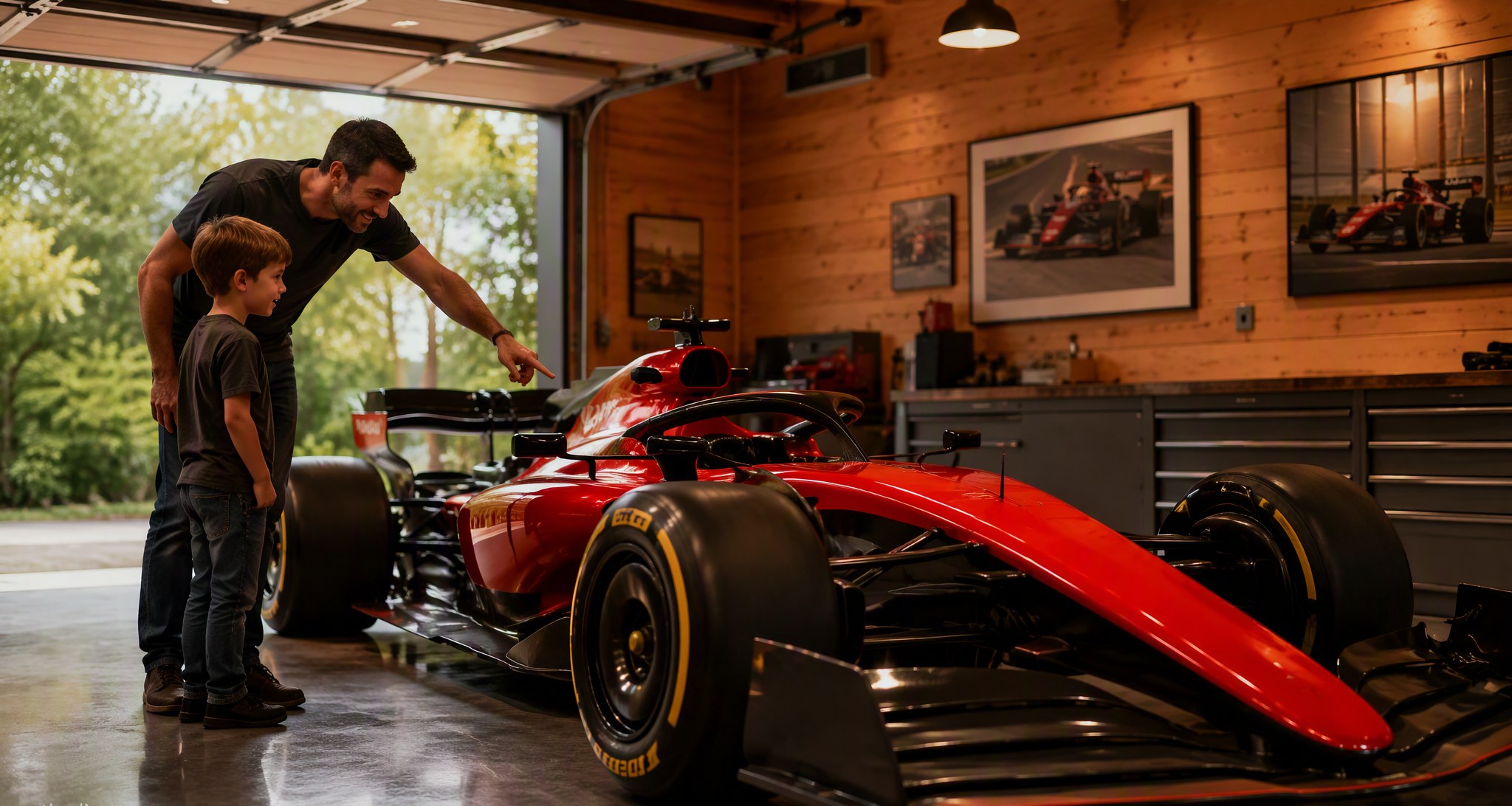 Family in a home garage unveiling their Volo track car together on a weekend morning