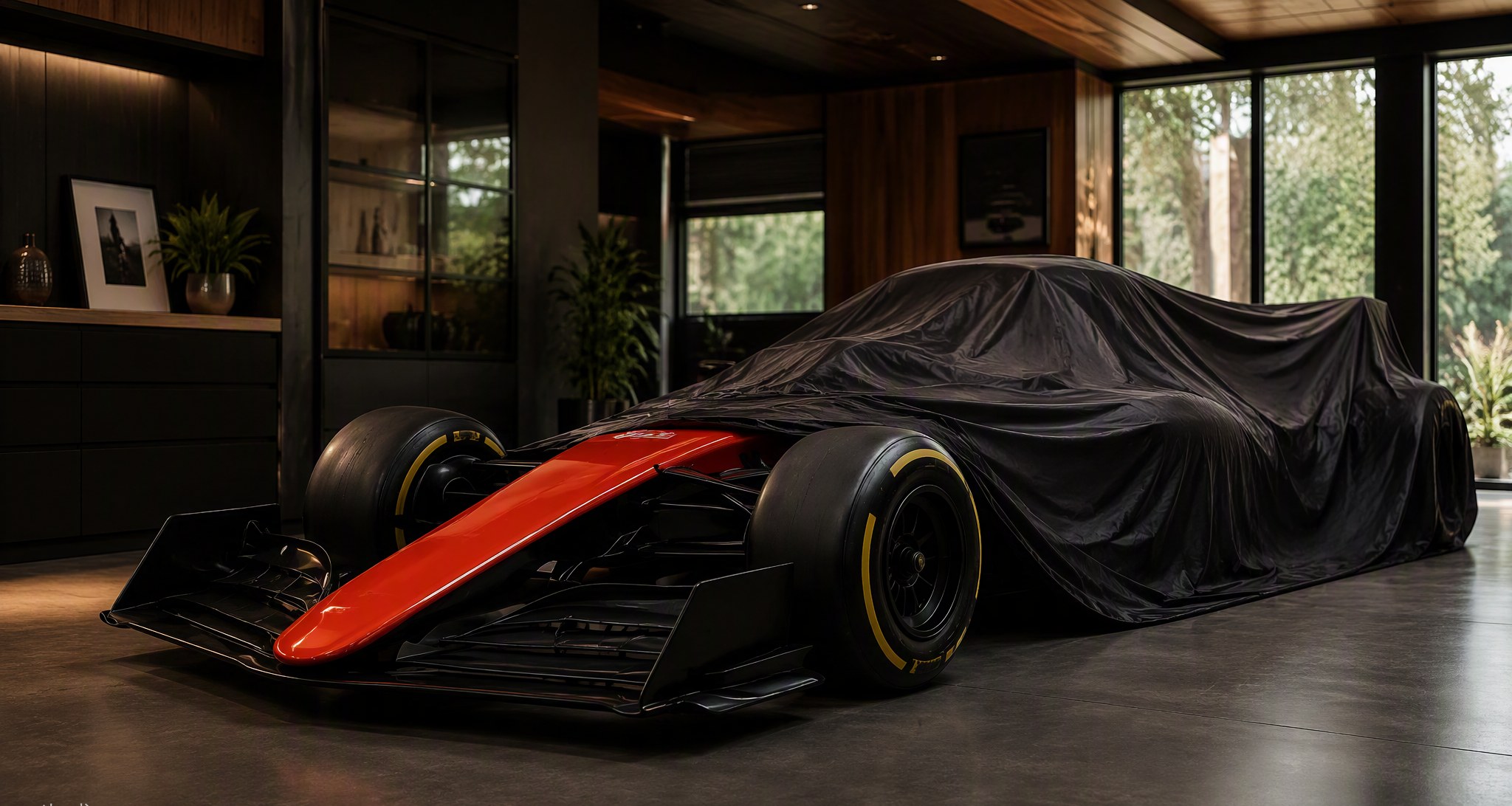 A Volo track car resting under a fitted cover in a private home garage, front wing exposed, morning light through the garage door